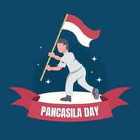 illustratie vectorafbeelding van een soldaat draagt de Indonesische vlag tijdens het hardlopen, perfect voor pancasila-dag, vieren, vakantie, wenskaart, enz. vector