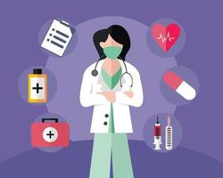 illustratie vectorafbeelding van staande vrouwelijke arts die witte jas draagt, medische benodigdheden weergeeft, perfect voor medisch, apotheek, gezond, ziekenhuis, enz. vector
