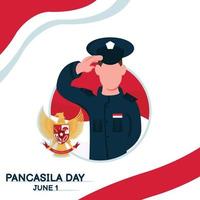 illustratie vectorafbeelding van een soldaat die de vlag groet, met het symbool van de garuda pancasila, perfect voor pancasila-dag, vieren, natie, wenskaart, enz. vector