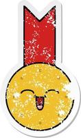 verontruste sticker van een leuke cartoon gouden medaille vector