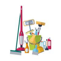 schoonmaak dienstverleningsconcept. postersjabloon voor huisreinigingsdiensten met schoonmaakhulpmiddelen. vector