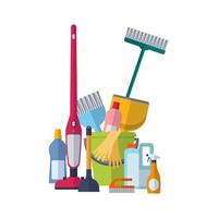 schoonmaak dienstverleningsconcept. postersjabloon voor huisreinigingsdiensten met schoonmaakhulpmiddelen. vector