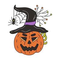 vector hand getekende illustratie van een jack o lantern met heks hoed en spin. geweldig voor halloween-kaarten en posters.
