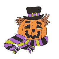 vector hand getekende illustratie van een jack o lantern pompoen met een hoed en gestreepte sjaal. geweldig voor halloween-ontwerp.