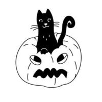 hand getekende vectorillustratie van een zwarte kat zit in jack o lantern. zwarte kleur. grote halloween-kaart. vector