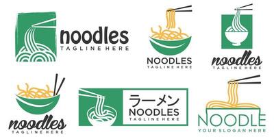 noodle icon set logo met de groene bladeren, eetstokje concept vector
