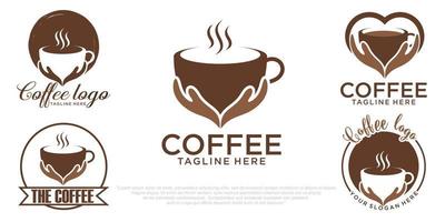 koffie logo ontwerpsjabloon combinatie kop en hand, eenvoudige pictogrammenset logo's vector