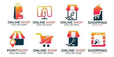 online winkel icon set logo ontwerpen .combinatie, winkel, boodschappentas, trolley, telefoon, computer en kaart vector