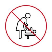 verbod vrouw baby kamer zwarte lijn pictogram. verboden zone zorg kind luier rood stop overzichtssymbool. verboden moeder verandering luier pictogram. geen toegestaan moedertoiletteken. geïsoleerde vectorillustratie. vector