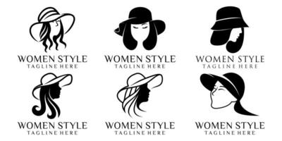 schoonheid vrouw stijl combinatie hoed en vrouwen icon set logo ontwerpsjabloon vector