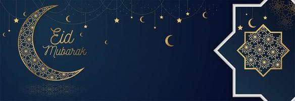 blauwe eid mubarak banner met gouden sierlijke elementen vector