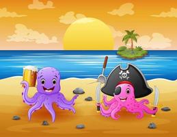 zomer strand achtergrond met schattige twee octopus illustratie vector