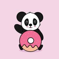 schattige cartoon panda met een gigantische zoete donuts dier, eten en drinken cartoon vlakke stijl pictogram illustratie premium vector