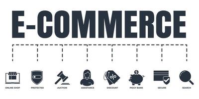 e-commerce banner web icon set. spaarvarken, zoeken, beveiligen, beschermd schild, veiling, online winkel, korting, hulp vector illustratie concept
