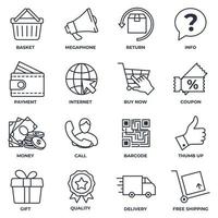 set van e-commerce pictogram logo vectorillustratie. mand, megafoon, retour, cadeau, kwaliteit, bestelwagen en meer pack-symboolsjabloon voor grafische en webdesigncollectie vector