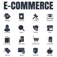 set van e-commerce pictogram logo vectorillustratie. winkelwagen, verlanglijstje, spaarvarken, zoeken, veilig, beschermd schild en meer pack-symboolsjabloon voor grafische en webdesigncollectie vector