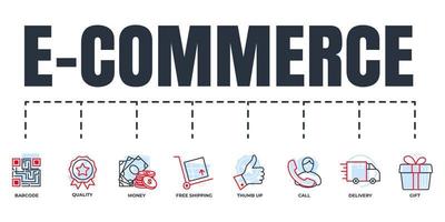 e-commerce banner web icon set. geld, oproep, streepjescode, duim omhoog, cadeau, kwaliteit, bestelwagen, gratis verzending vector illustratie concept.