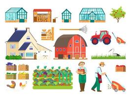 grote vector boerderij set. landelijke set. tuinmannen, boerderij, schuur, tractor, kassen, brandhout, houtstapel, grasmaaier, kippen, groentebed, appelboom, houten kisten met groenten
