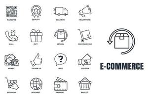 set van e-commerce pictogram logo vectorillustratie. mand, megafoon, retour, cadeau, kwaliteit, bestelwagen en meer pack-symboolsjabloon voor grafische en webdesigncollectie vector
