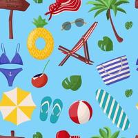 set van schattige zomerelementen surfplank, cocktail, tas, hoed, palmboom, bikini, slippers, parasol, bal, zandkasteel, reddingsboei. zomer naadloos patroon vector