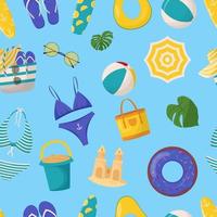 set van schattige zomerelementen surfplank, cocktail, tas, hoed, palmboom, bikini, slippers, parasol, bal, zandkasteel, reddingsboei. zomer naadloos patroon vector