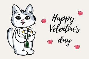 leuke grappige grijze kat met een boeket bloemen in zijn handen. fijne Valentijnsdag. vector