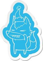 boze wolf cartoon sticker van een dragende kerstmuts vector
