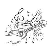 concept van geïnspireerd ukelele spelen, handgetekende doodle. kleine gitaar. Hawaii. vliegende noten. muziek. inspiratie. neus peuteren. geïsoleerde vectorillustratie op witte achtergrond vector