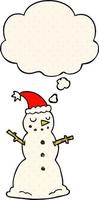 cartoon kerst sneeuwpop en gedachte bel in stripboekstijl vector