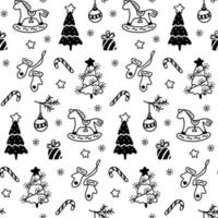 vector zwart-wit patroon van kerst elementen in doodle stijl, paard, kerst bal, kerstbomen, lichten, ster, cadeau, wanten, karamel