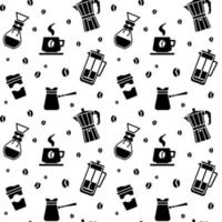 vector zwart-wit naadloze patroon koffiekopje, geiser koffiezetapparaat, koffiebonen, franse pers, kemex