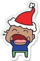 sticker cartoon van een schreeuwende kale man met een kerstmuts vector