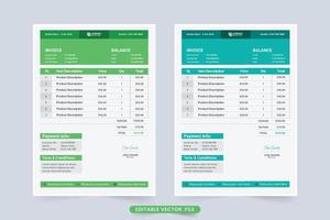 zakelijke factuur decoratie element vector. sjabloon voor prijsontvangst en betalingsovereenkomst. bestelregister en factuursjabloon met groene en blauwe kleuren. creatief factuursjabloonontwerp. vector