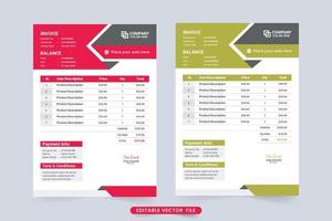 betalingsovereenkomst en factuur factuursjabloon vector met rode en groene kleuren. business product info tracker en kassabon ontwerp. minimale factuursjabloondecoratie met moderne vormen.