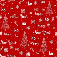 hohoho naadloze patronen, de kerstman lacht. naadloze textuur voor kerst ontwerp. vector wit, achtergrond rode handgeschreven woorden ho, kerstboom en sneeuwvlokken.
