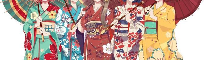 groep anime-mangameisjes in traditioneel japans kimonokostuum met papieren paraplu. vectorillustratie op geïsoleerde achtergrond vector