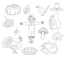 herfst lijn vectorelementen geïsoleerd op een witte achtergrond. hand getrokken schets val illustratie voor de kleurplaat. doodles kunst voor kleurboek. kalkoen, taart, vogelverschrikker en bosdieren vector