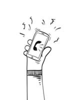 doodle hand met smartphone op doodle komische stijl. geïsoleerd op een witte achtergrond. vector hand getekende illustratie