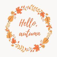 banner van het herfstseizoen in de vorm van een cirkel. wenskaart met het opschrift hallo, herfst en handgetekende herfstbladeren. vector