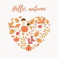 banner van het herfstseizoen in de vorm van een hart. wenskaart met het opschrift hallo, herfst en handgetekende herfstbladeren. vector