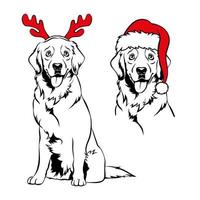 golden retriever met rood rendiergewei en kerstmuts. kerst labrador hond portret. vector illustratie