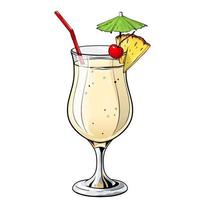 pina colada-cocktail, handgetekende alcoholdrank met ananasschijfje en kers. vectorillustratie op witte achtergrond vector