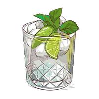 mojito-cocktail, handgetekende cocktail met ijs, munt en limoen. vector illustratie