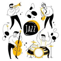 Jazzband. muzikanten spelen instrumenten, trompet, saxofoon, contrabas en drums. vector illustratie