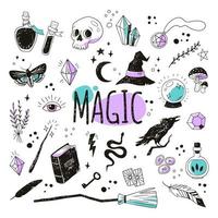 magische hand getrokken doodle set. vector iconen collectie. hekserij symbolen drankje, kristal, schedel, spellbook, ketel, raaf, bezem, toverstaf, runen