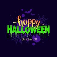 happy halloween-tekstbanner met spinnenweb en vleermuizen. vector illustratie