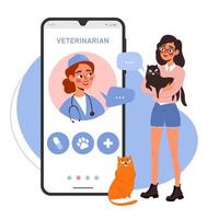 online veterinair overlegconcept. vrouwelijke eigenaar met een kat op de afspraak van de dierenarts in een mobiele applicatie. cartoon vectorillustratie vector