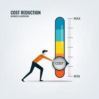 zakenman draaien kosten wijzerplaat naar een lage afbeelding. kostenreductie, kostenbesparing en efficiëntieconcept vector