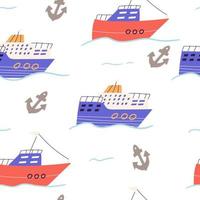 schattig cruiseschip naadloze patroon, cartoon platte vectorillustratie op witte achtergrond. boot zwemmen op golven in de zee. kinderachtig patroon voor kinderdagverblijf of kleding. vector