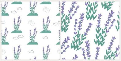 lavendel veld naadloze patroon set, platte vectorillustratie. bloemenachtergrond met wolken en regen. geweldig voor inpakpapier of textielprint. vector